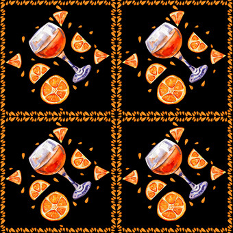 无缝的背景与柑橘类汁橙色片和热带让人耳目一新鸡尾酒黑色的背景夏天对角插图广场无缝的背景与橙色汁