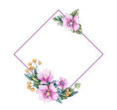 水彩插图与广场框架野生花为婚礼花卡与粉红色的花叶子和味蕾锦葵秋天夏天和春天季节在那里的地方为文本框架为婚礼与水彩花