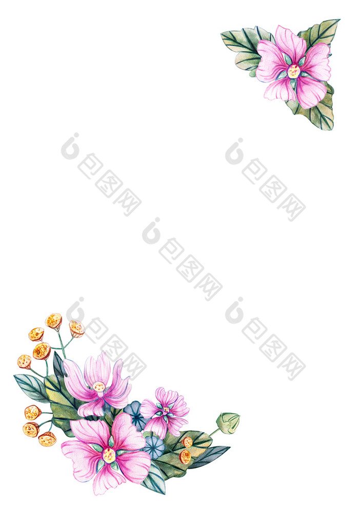 垂直矩形节日模板为文本与野花花卡与粉红色的花叶子和味蕾锦葵秋天夏天和春天季节垂直假期模板为文本与花