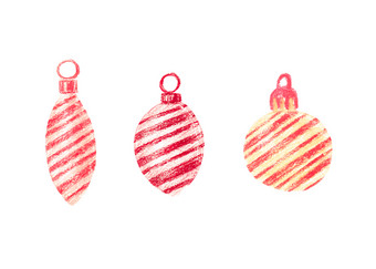 集三个圣诞节树玩具圣诞节球和冰柱柔和的颜色与对角条纹与紧固件集三个圣诞节树玩具