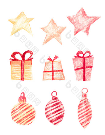 集圣诞节礼物<strong>星星</strong>和圣诞节装饰节日<strong>盒子</strong>包装纸与红色的丝带<strong>星星</strong>红色的黄色的和橙色圣诞节球和冰柱与对角条纹圣诞节礼物<strong>星星</strong>和圣诞节装饰
