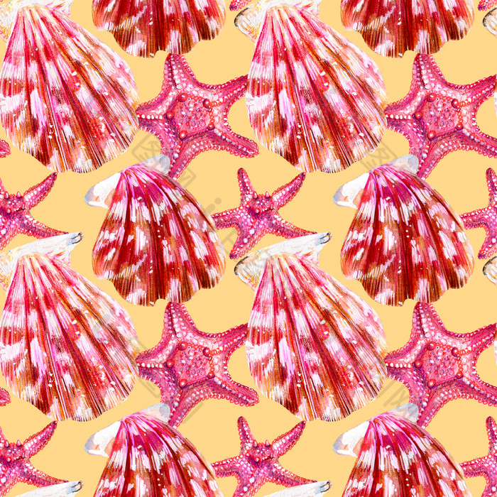 无缝的模式扇贝贝壳妈妈。珍珠与粉红色的蛤扇贝科和海星米色背景自然的世界海洋夏天季节无缝的模式扇贝贝壳