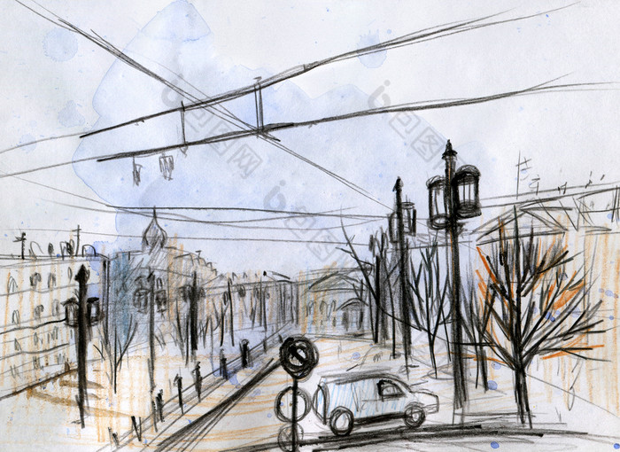 水彩城市景观快速草图行艺术黑色的铅笔圣彼得堡俄罗斯雨的广场的概念秋天和春天为专辑封面为画专辑为画水彩城市景观行艺术颜色铅笔