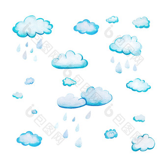 集与水彩卡通雨云white-blue云画手和孤立的白色背景软毛茸茸的圆形的形状与的纹理水彩纸与大雨滴集与水彩卡通云