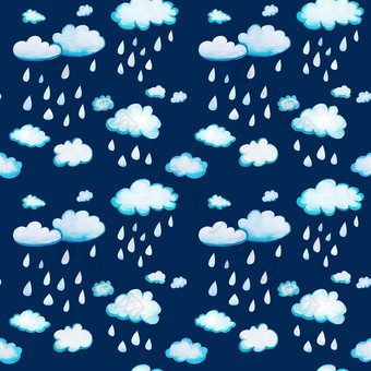 无缝的模式与水彩云和雨white-blue卡通云黑暗蓝色的晚上背景软毛茸茸的圆形的形状与的纹理水彩纸与大雨滴无缝的模式与水彩云和雨