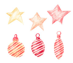集星星和圣诞节饰品节日盒子包装纸与红色的丝带星星是红色的黄色的和橙色圣诞节球和冰柱与对角条纹新一年rsquo概念集星星和圣诞节饰品