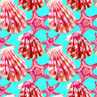 无缝的模式扇贝贝壳妈妈。珍珠与粉红色的蛤扇贝科和海星白色背景自然的世界海洋夏天季节无缝的模式扇贝贝壳