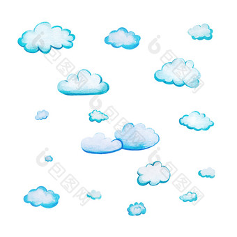 集与水彩卡通云十七岁white-blue云画手和孤立的白色背景软毛茸茸的圆形的形状与水彩纸纹理集与水彩卡通云