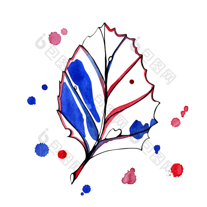 水彩程式化的图形秋天叶手绘与黑色的蓝色的和红色的墨水与早期颜色滴的背景孤立的对象白色背景水彩程式化的图形秋天叶