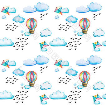 无缝的模式与气球和风筝水彩卡通插图与羊群鸟和云白色背景航空爱好为孩子们无缝的模式与气球和风筝