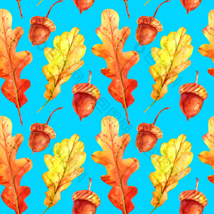 无缝的模式与橡木叶子和橡子水彩秋天叶子下降橙色和黄色的与色彩斑斓的滴和喷雾天蓝色的背景模板为设计无缝的模式与橡木叶子和橡子
