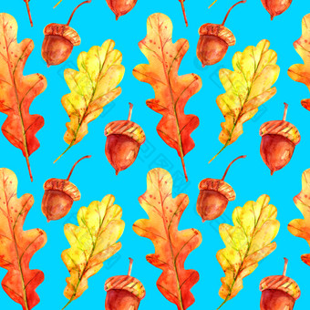 无缝的模式与橡木叶子和橡子水彩<strong>秋天</strong>叶子下降<strong>橙色</strong>和黄色的与色彩斑斓的滴和喷雾天蓝色的背景<strong>模板</strong>为设计无缝的模式与橡木叶子和橡子