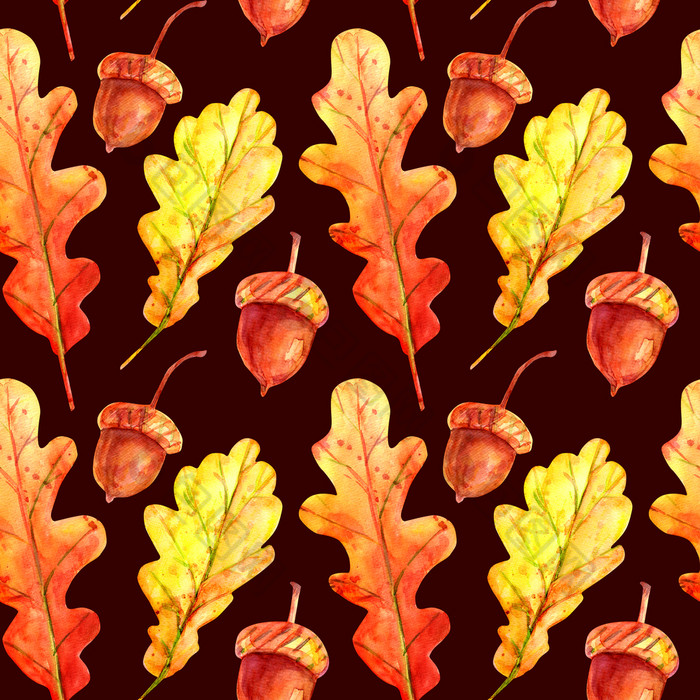 无缝的模式与橡木叶子和橡子水彩秋天下降叶子橙色和黄色的与色彩斑斓的滴和喷雾黑暗棕色（的）背景模板为设计无缝的模式与橡木叶子和橡子