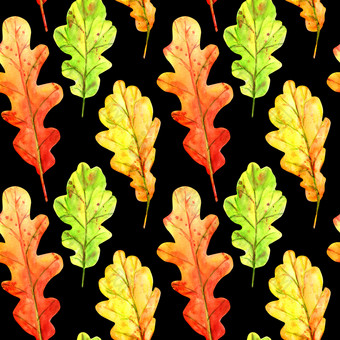 无缝的模式与秋天橡木<strong>叶子</strong>水彩下降<strong>叶子</strong>绿色橙色和红色的与色彩斑斓的滴和溅黑色的背景<strong>模板</strong>为设计无缝的模式与秋天橡木<strong>叶子</strong>