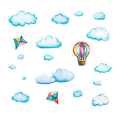 孩子们rsquo水彩集与气球和风筝水彩插图与云白色背景航空爱好为孩子们孩子们rsquo水彩集与气球和风筝