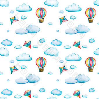 无缝的模式与气球和风筝水彩卡通插图与云白色背景航空爱好为孩子们无缝的模式与气球和风筝