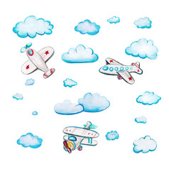 孩子们rsquo水彩集与飞机水彩插图与飞机和云和白色背景乘客飞机与星星和条纹孩子们rsquo水彩集与飞机和云