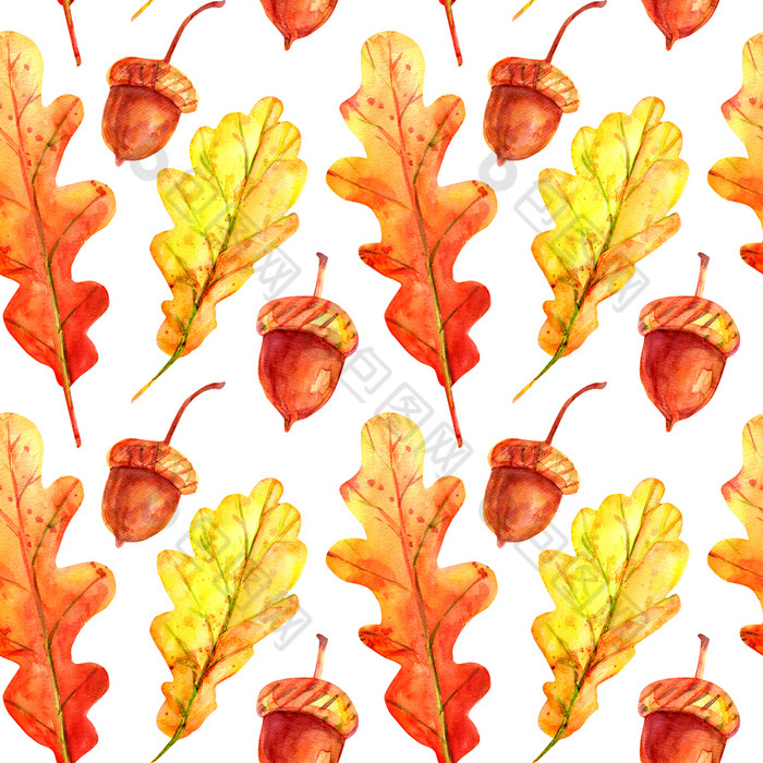 无缝的模式与橡木叶子和橡子水彩秋天叶子下降橙色和黄色的与色彩斑斓的滴和喷雾白色背景模板为设计无缝的模式与橡木叶子和橡子