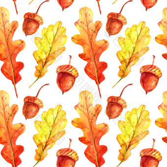 无缝的模式与橡木叶子和橡子水彩<strong>秋天</strong>叶子下降<strong>橙色</strong>和黄色的与色彩斑斓的滴和喷雾白色背景<strong>模板</strong>为设计无缝的模式与橡木叶子和橡子