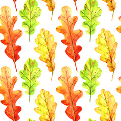 无缝的模式与秋天橡木叶子水彩下降叶子绿色橙色和红色的与色彩斑斓的滴和溅白色背景模板为设计无缝的模式与秋天橡木叶子