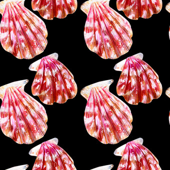 无缝的模式孤立的海贝壳<strong>扇贝</strong>妈妈。珍珠与粉红色的蛤<strong>扇贝</strong>科黑色的背景自然的世界海洋夏天季节无缝的模式孤立的海贝壳<strong>扇贝</strong>