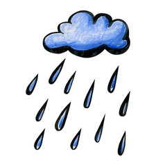 明亮的卡通雨云white-blue云画手和孤立的白色背景软毛茸茸的轮形状与黑色的大纲和与大滴雨明亮的卡通雨云