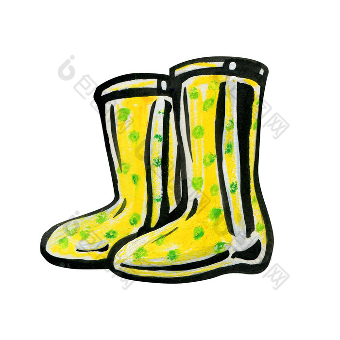 黄色的橡胶靴子绿色豌豆秋天和春天概念婴儿鞋子孤立的白色背景鞋子为走自然黄色的橡胶靴子绿色豌豆