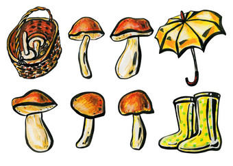 蘑菇篮子伞和靴子秋天概念porcini蘑菇阿斯彭和牛肝菌属特写镜头蘑菇与红棕色帽子和白色腿一边视图蘑菇篮子伞和靴子