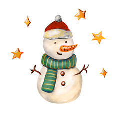 雪人他圣诞老人老人快乐插图与圣诞节字符绿色条纹围巾孤立的白色背景雪人他圣诞老人老人