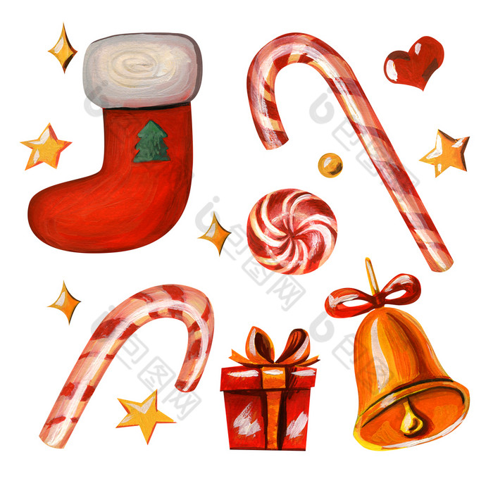 黄色的星星红色的心焦糖狗棒棒糖金贝尔与红色的丝带红色的袜子与绿色圣诞节树礼物红色的盒子与金丝带孤立的白色背景集圣诞节符号