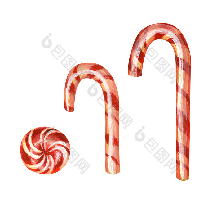 三个圣诞节条纹焦糖拐杖传统的甜蜜的糖果孤立的白色背景画现实的风格棒棒糖设计元素三个圣诞节条纹焦糖拐杖