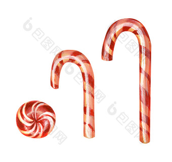 三个圣诞节条纹焦糖<strong>拐杖</strong>传统的甜蜜的糖果孤立的白色背景画现实的风格棒棒糖设计元素三个圣诞节条纹焦糖<strong>拐杖</strong>