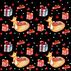 无缝的背景与狐狸和礼物水彩点缀与森林字符与礼物盒子黑色的背景与星星圣诞节概念为包装礼物和纺织品无缝的背景与狐狸和礼物