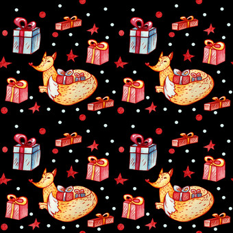 无缝的背景与狐狸和礼物水彩点缀与森林字符与礼物盒子黑色的背景与星星圣诞节概念为包装礼物和纺织品无缝的背景与狐狸和礼物
