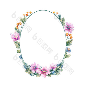 水彩插图与椭圆形框架野花为婚礼花卡与粉红色的花叶子和味蕾锦葵秋天夏天和春天季节在那里的地方为文本框架为婚礼与水彩花