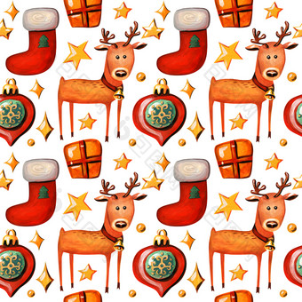 圣诞节无缝的模式与鹿有趣的背景与驯鹿壁炉长袜礼物盒子圣诞节树装饰和星星白色背景三个礼物盒子孤立的白色背景