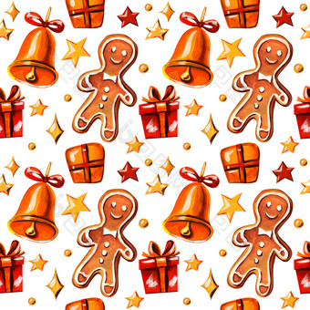 圣诞节背景与姜饼男人。有趣的背景与姜饼干贝尔礼物盒子和星星白色背景圣诞节背景与姜饼男人。