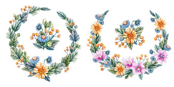 花环和花束野花手画水彩理想的为印刷卡片和婚礼邀请水彩花环野花