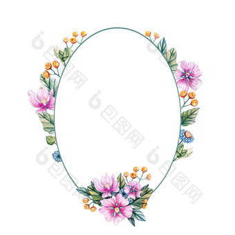 水彩插图与椭圆形框架野花为婚礼花卡与粉红色的花叶子和味蕾锦葵秋天夏天和春天季节在那里的地方为文本框架为婚礼与水彩花