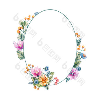 花圆形的框架水彩野花在那里的地方为文本花白色背景模板为婚礼邀请和卡片花椭圆形框架水彩野花