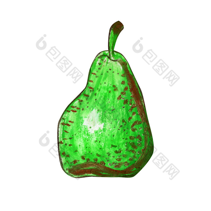 一个梨孤立的白色背景绿色水果棕色（的）点手绘石油柔和的插图为食物标签设计生态产品一个梨孤立的白色背景