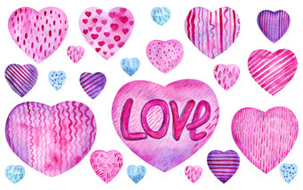 集水彩粉红色的和紫色的心精致的淡紫色背景与纸纹理与直和波浪行点和中风为婚礼邀请和设计为情人节rsquo一天集水彩粉红色的和紫色的心