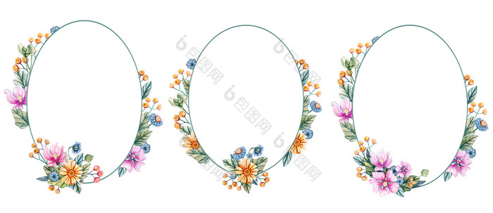 花椭圆形框架与水彩花在那里的地方为文本野花白色背景模板为婚礼邀请和卡片花椭圆形框架与水彩花