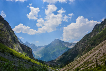 田园夏天景观与徒步旅行者的山与美丽的新鲜的绿色山牧场和森林概念户外活动和冒险tian-shan警察局吉尔吉斯斯坦田园夏天景观与徒步旅行者的山与美丽的新鲜的绿色山牧场和森林