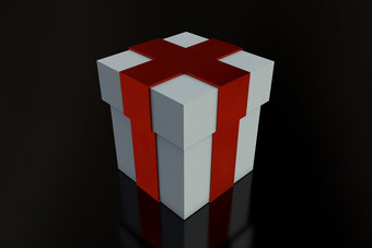 白色礼物盒子与红色的丝带弓孤立的黑色的背景反射复制空间渲染白色礼物盒子与红色的丝带弓孤立的黑色的背景