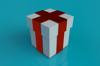 白色礼物盒子与红色的丝带弓孤立的阿卡蓝色的背景反射复制空间渲染白色礼物盒子与红色的丝带弓孤立的阿卡蓝色的背景