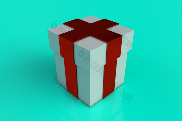 白色礼物盒子与红色的丝带弓孤立的绿松石背景反射复制空间渲染白色礼物盒子与红色的丝带弓孤立的绿松石背景