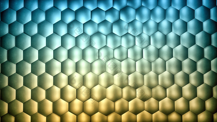 摘要蓝色的和黄色的梯度六角背景与金属纹理多边形表面未来主义的技术概念十六进制几何模式呈现摘要蓝色的和黄色的梯度六角背景与金属纹理多边形表面