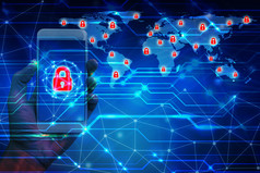 商人手使用智能手机与挂锁技术网络安全数据保护业务技术隐私概念