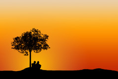 轮廓夫妇男人。和女人树与日落背景爱概念
